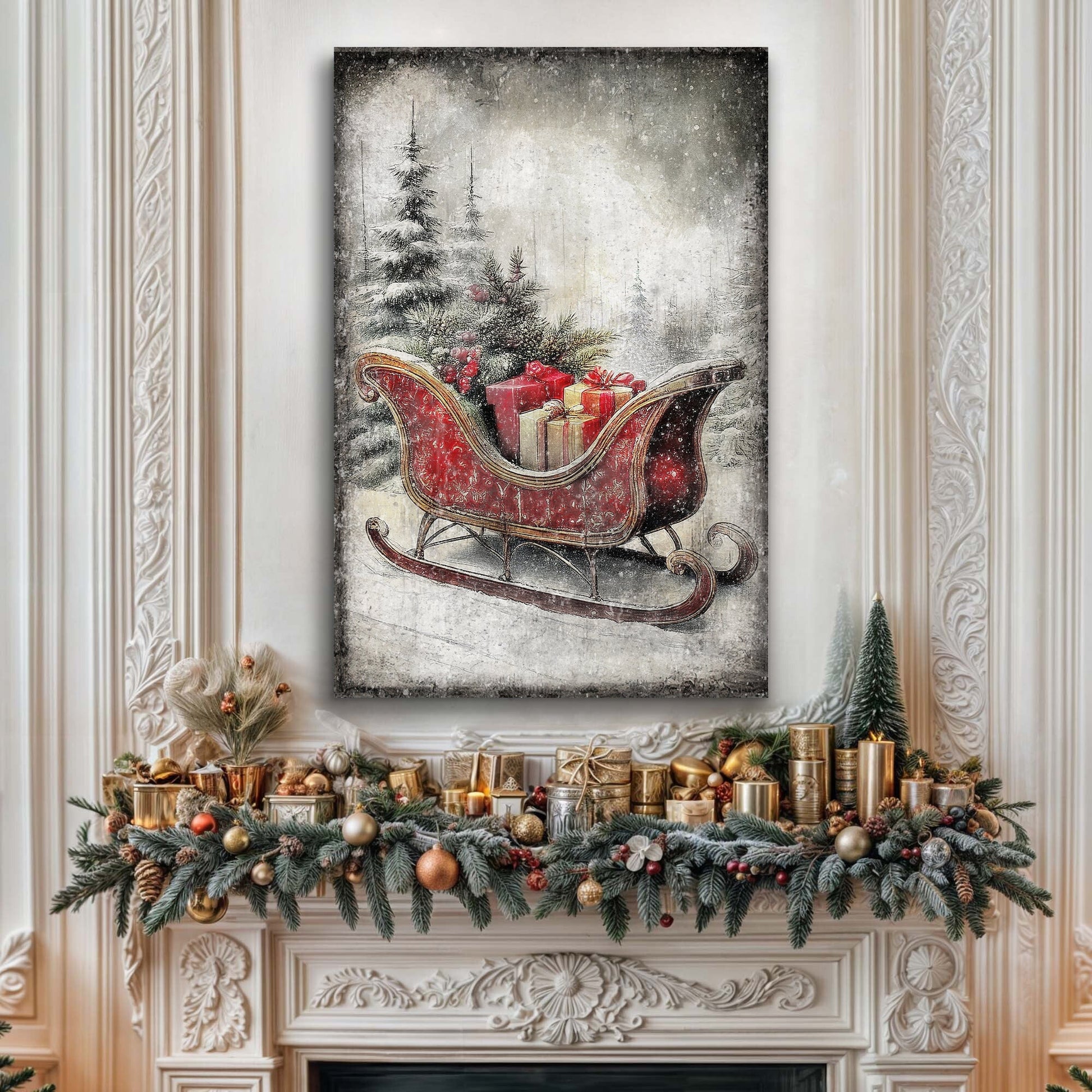 Vintage Christmas Sleigh Sled Wall Art VI - Holiday Home Decor Canvas Print 2025 - Ever Trendy Essentials