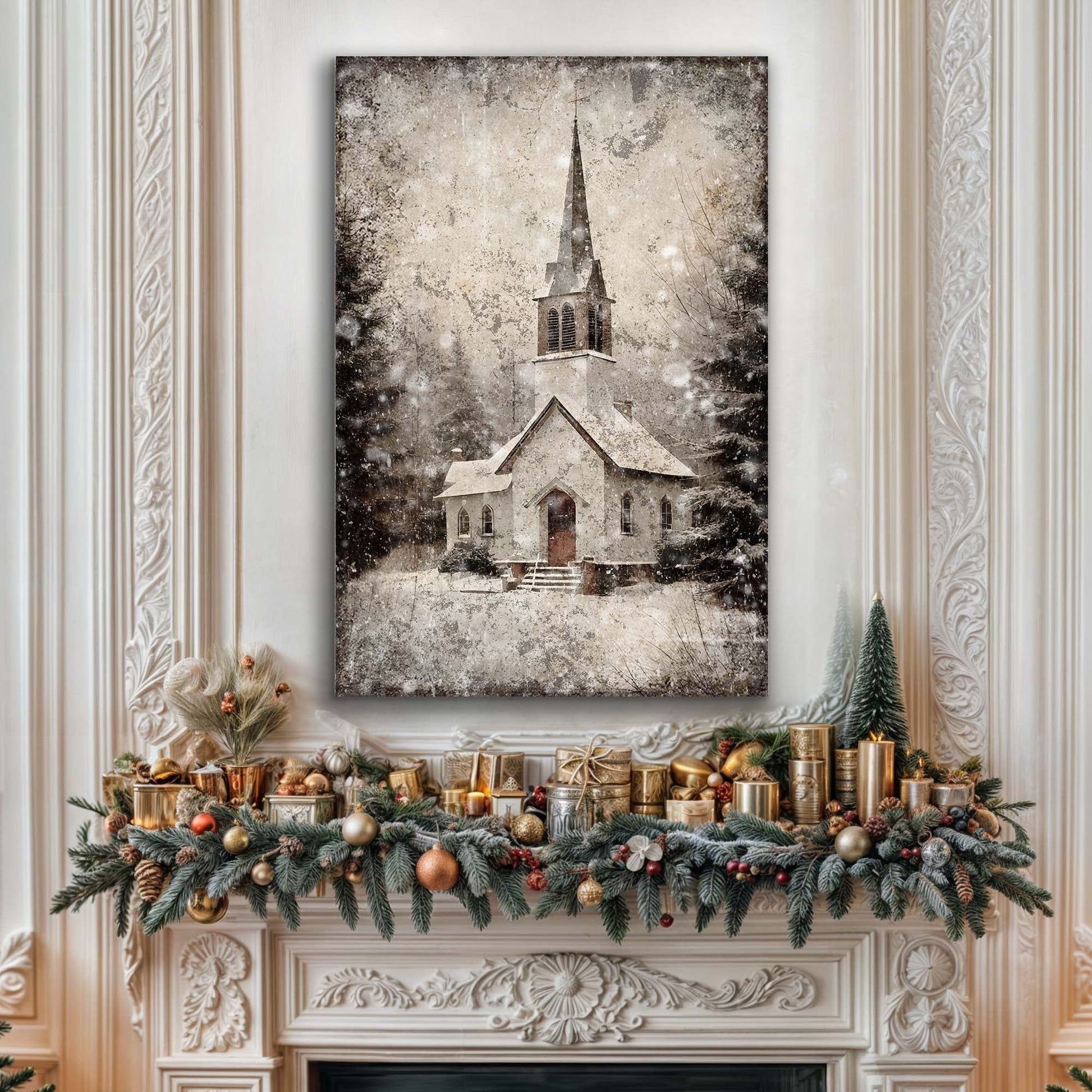 Vintage Church Christmas Wall Art IV - Holiday Home Decor Canvas Print 2025 - Ever Trendy Essentials