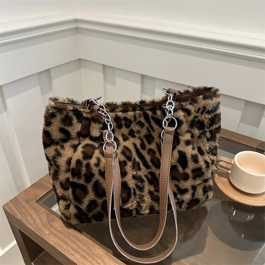 Winter Fashion Leopard Print Plush Women's Bags | Versatile Casual Trendy Premium Texture Large Capacity Shoulder Handbag - Ever Trendy Essentials